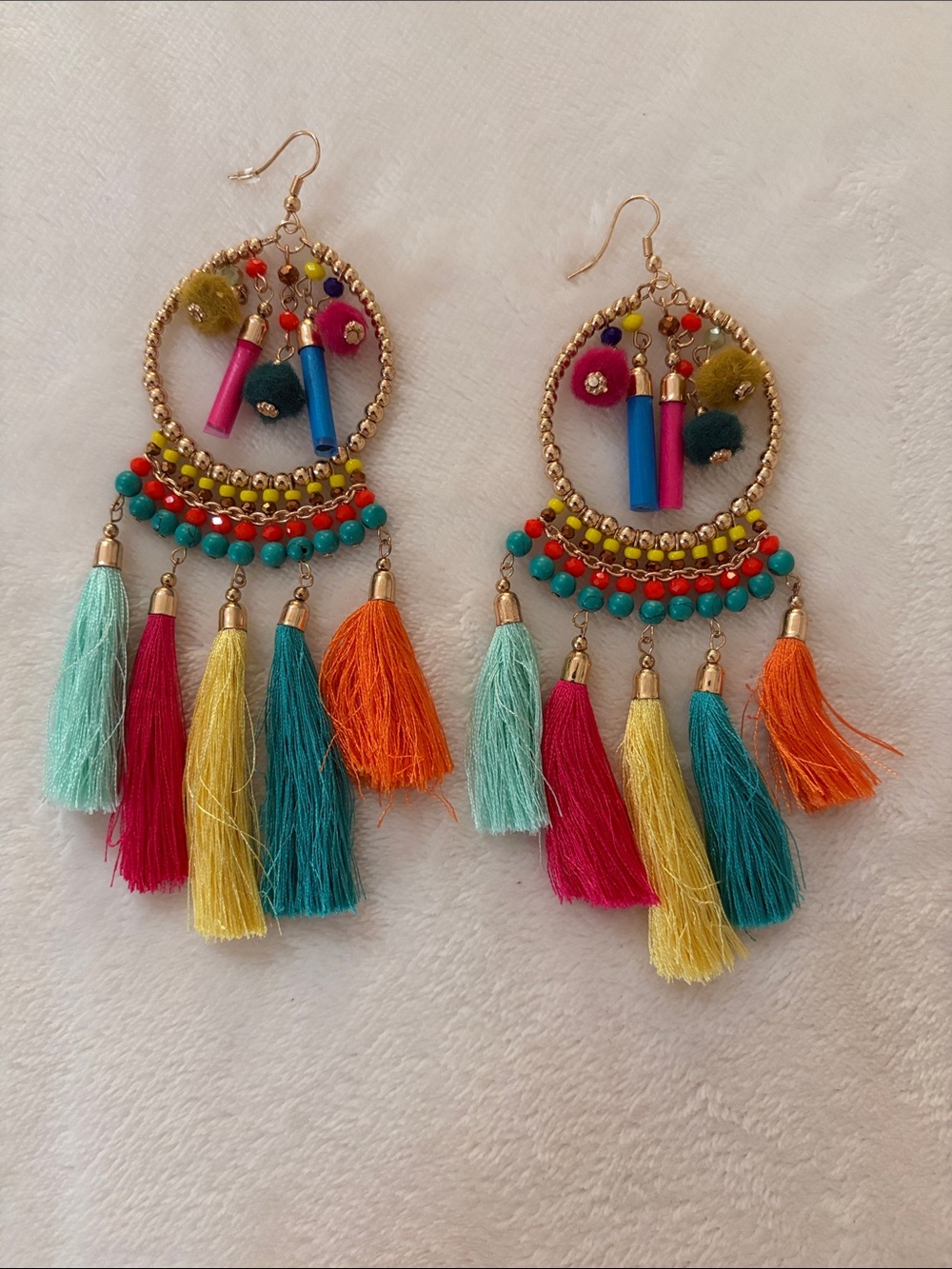Zara Multicolor Tassel Hoop Earrings in Teal, Pink, Yellow, Orange & Blue NEW - Picture 2 of 6